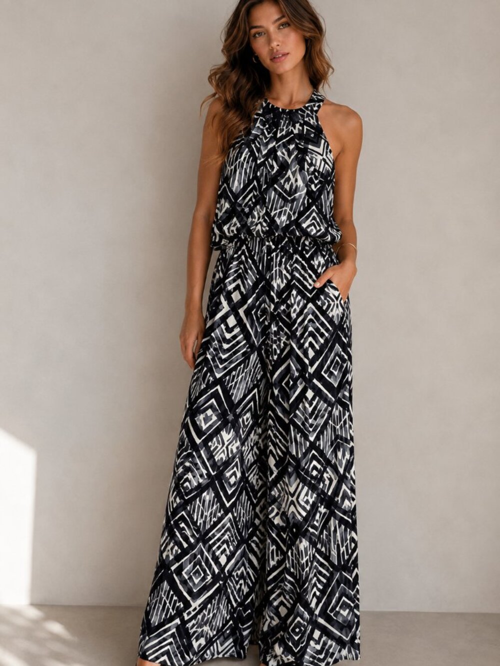 Marc New York Andrew Marc Jumpsuit Large Black White Gray High Neck Wide Leg